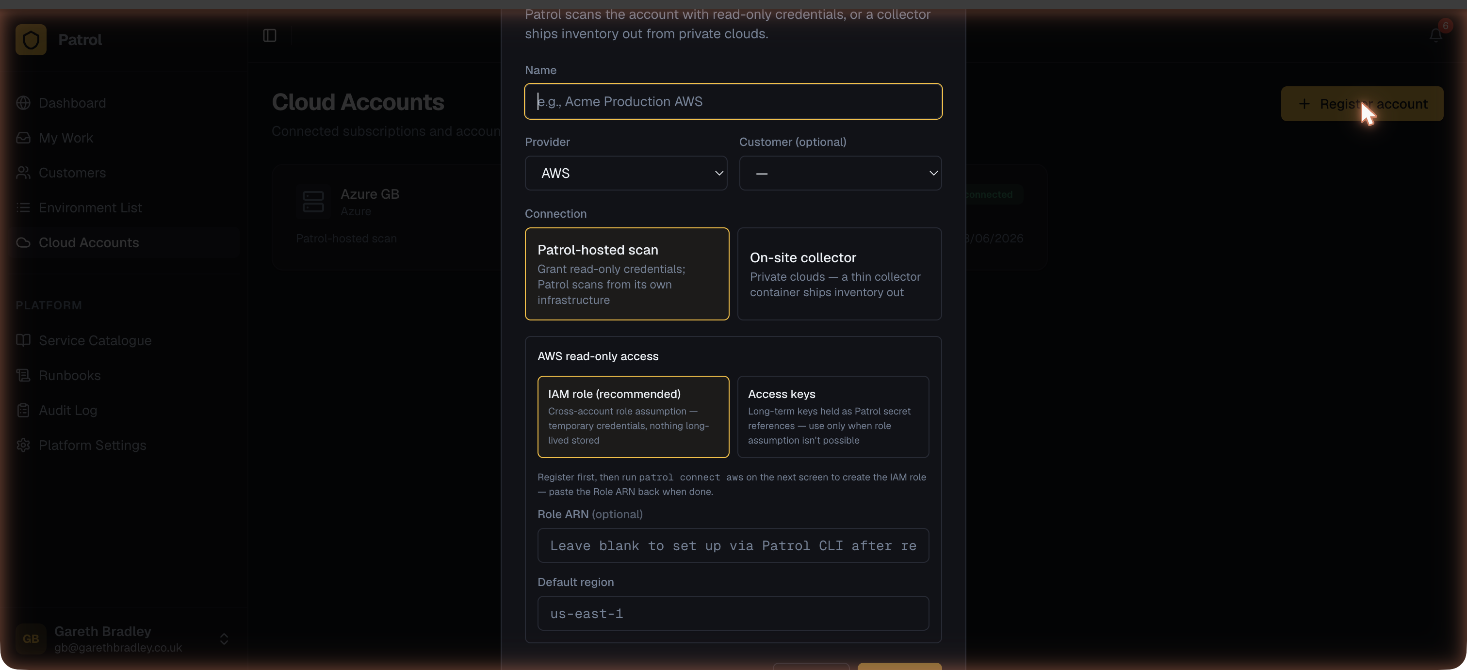 Add Cloud Account form with AWS provider and cross-account IAM role selected