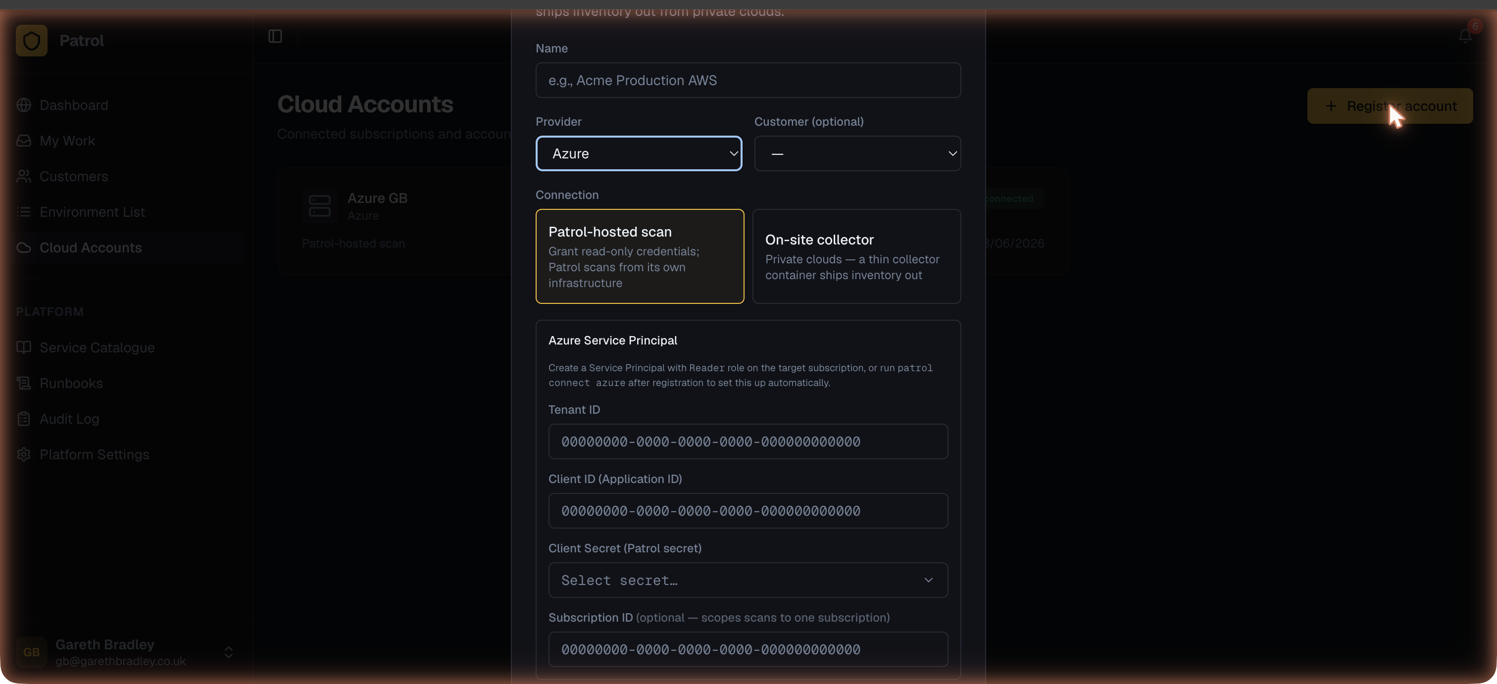 Add Cloud Account form with Azure selected as provider