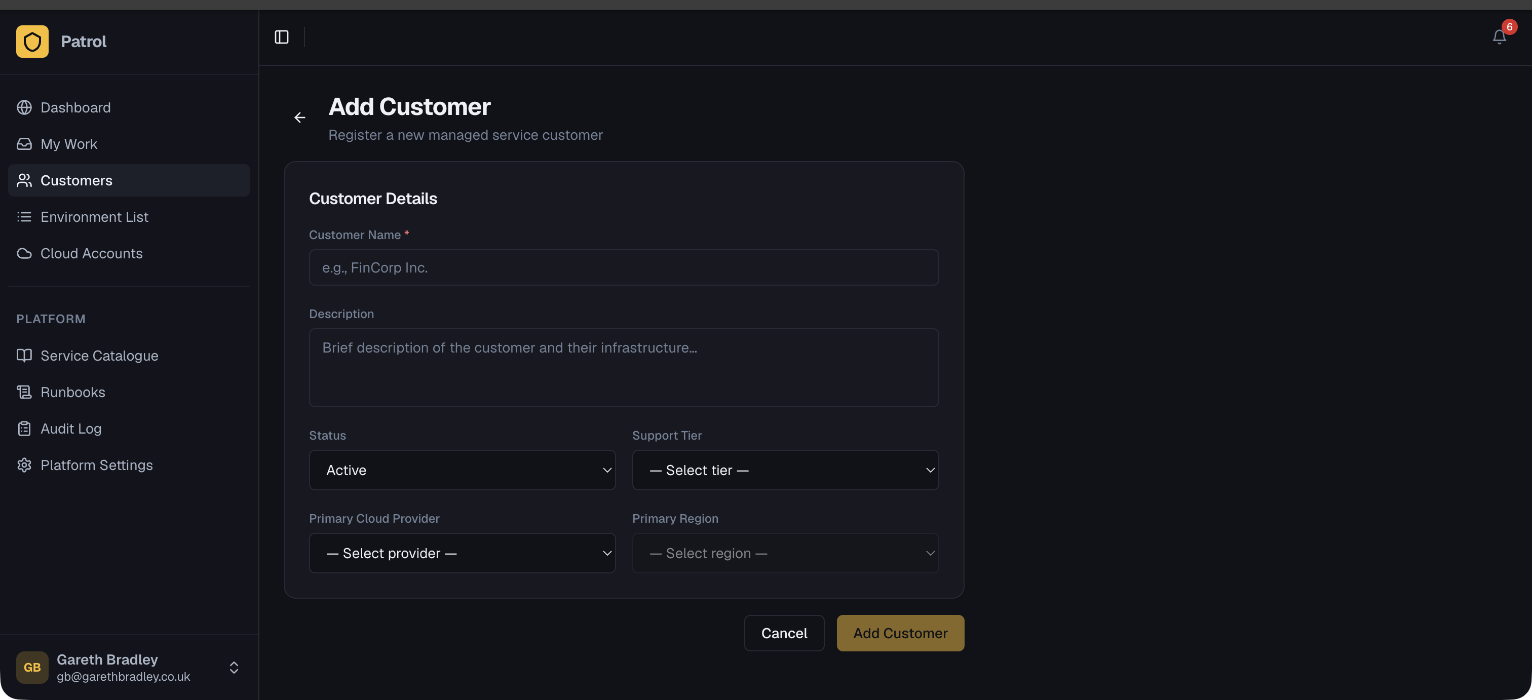 Add Customer form