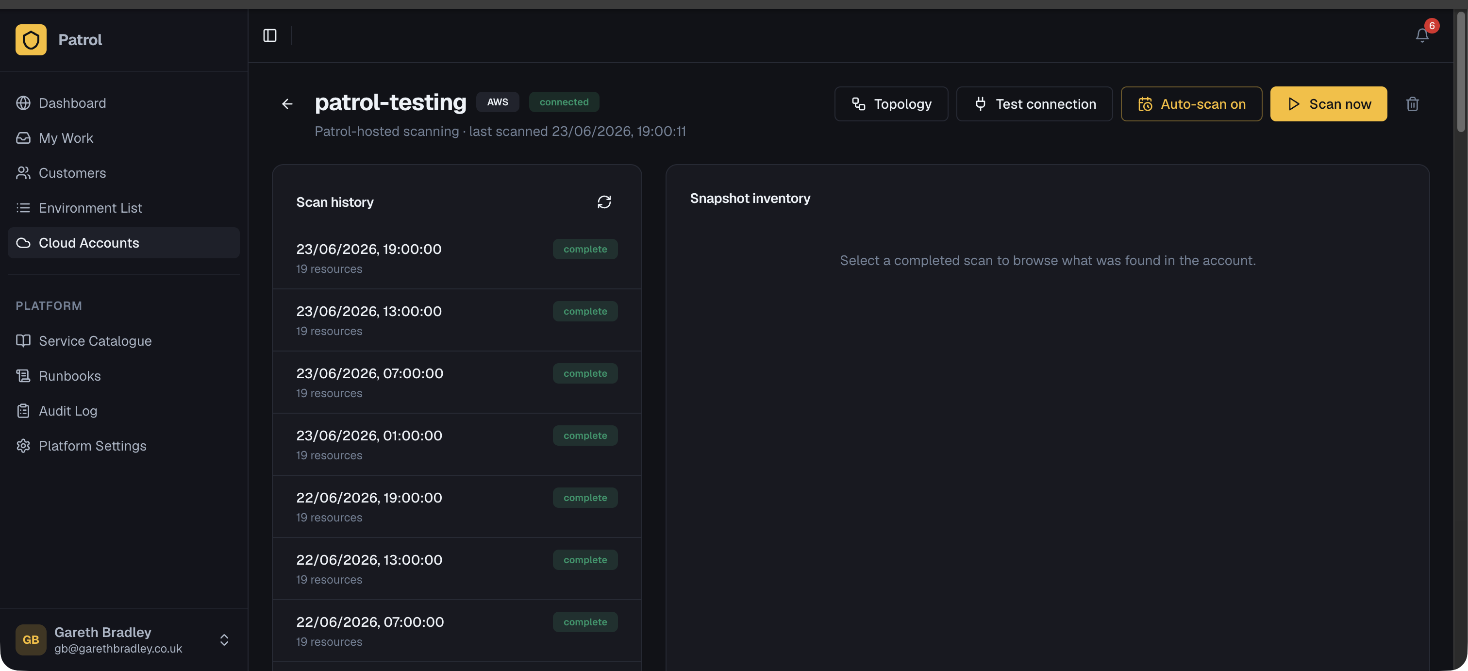 Cloud account detail page showing scan history and connection options