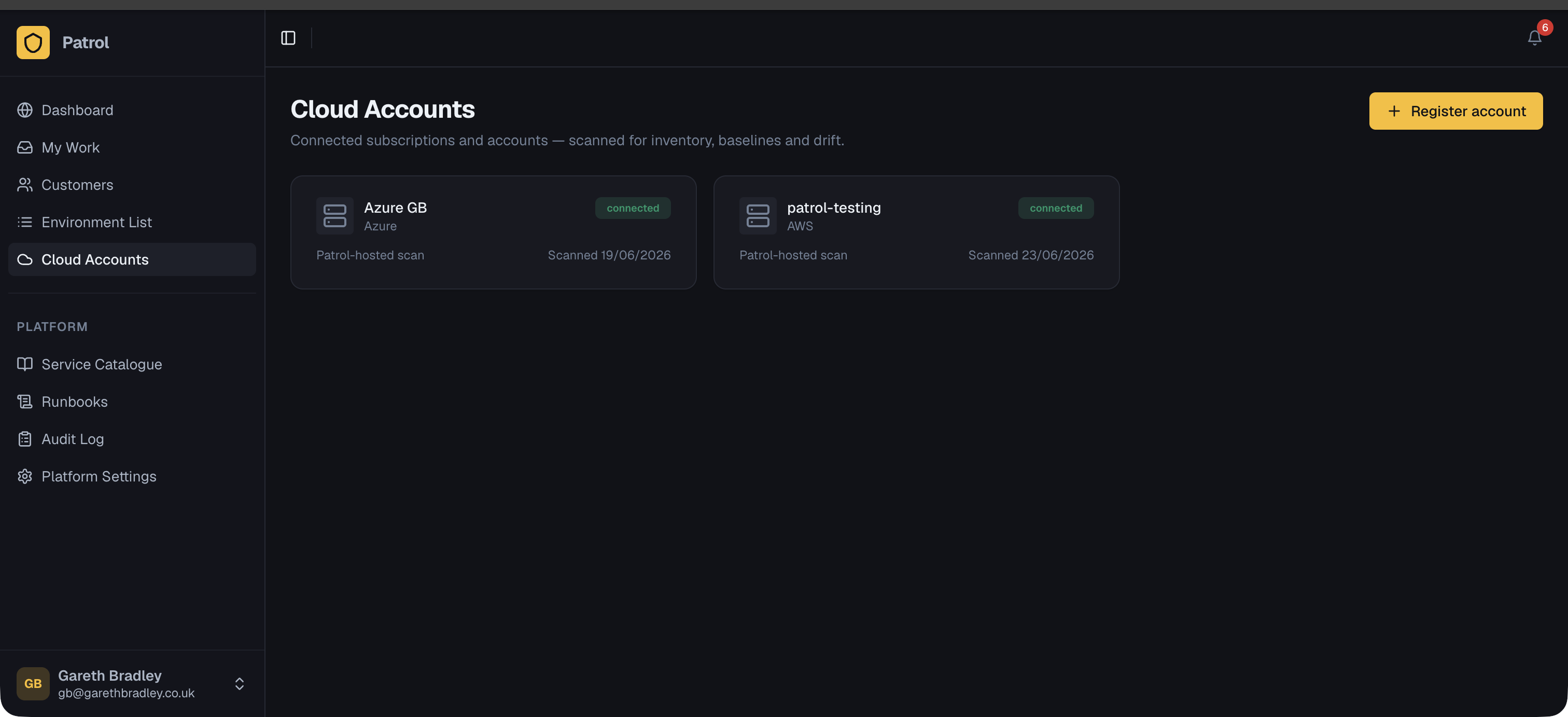 Cloud accounts list showing connected accounts with scan status