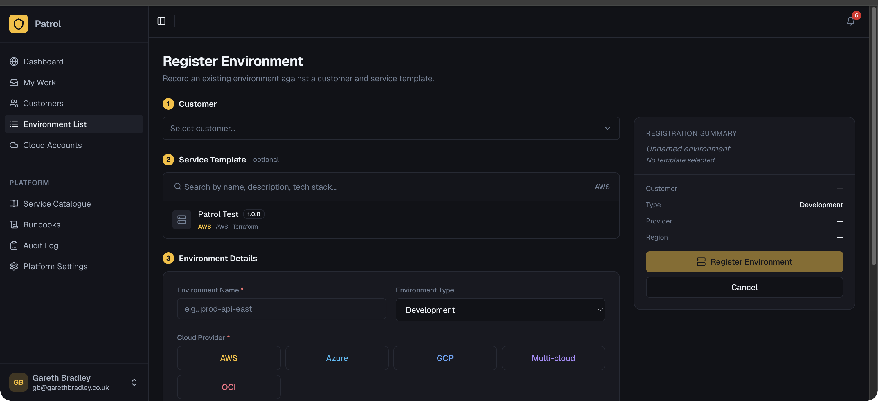 Register Environment form showing the customer picker, service template selector, and parameter values form
