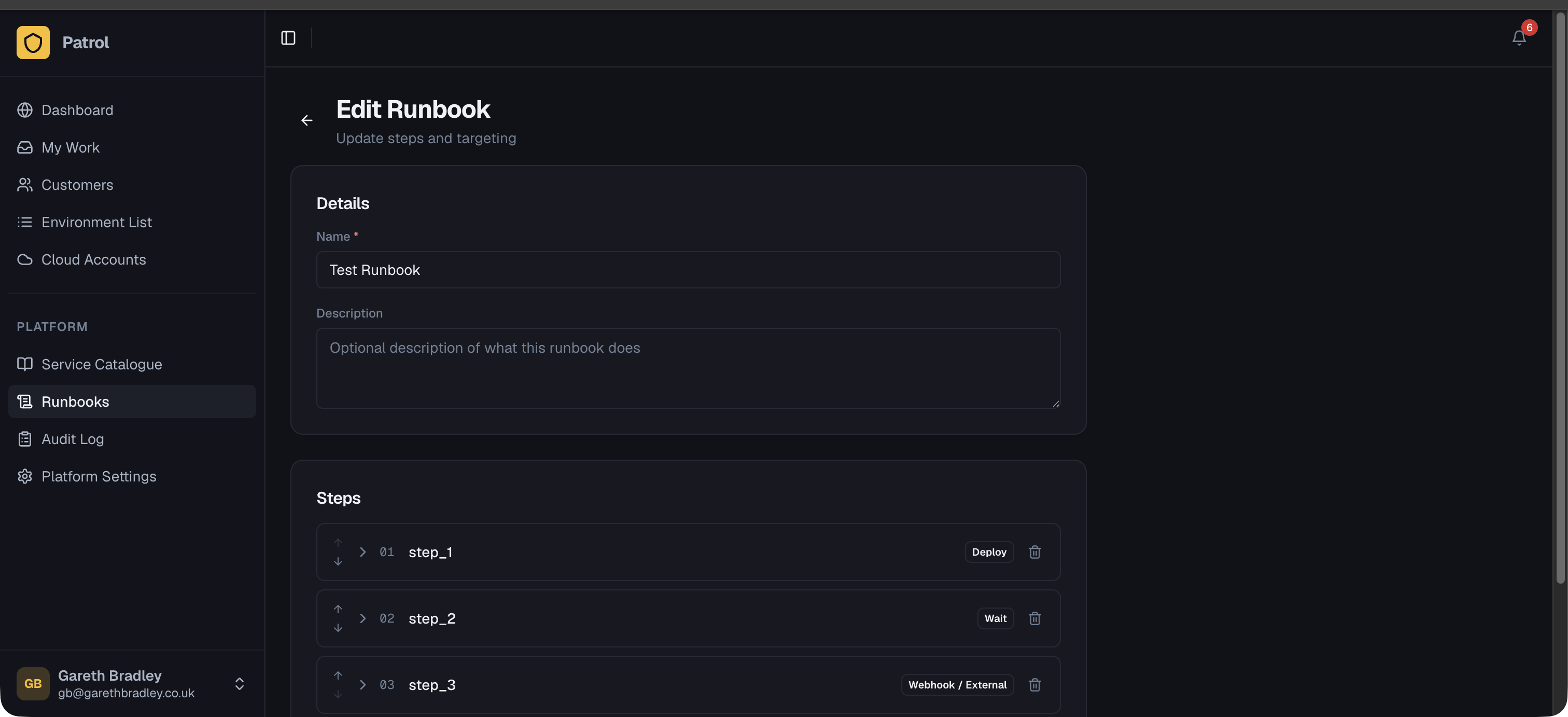 Runbook editor showing the step builder with deploy, wait, and webhook steps
