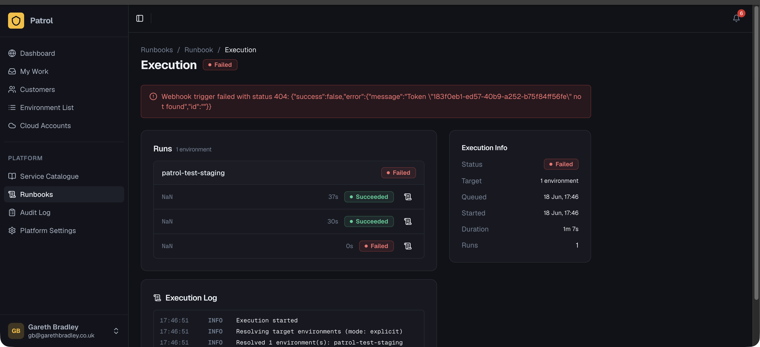 Runbook execution detail showing step statuses, timing, and execution log