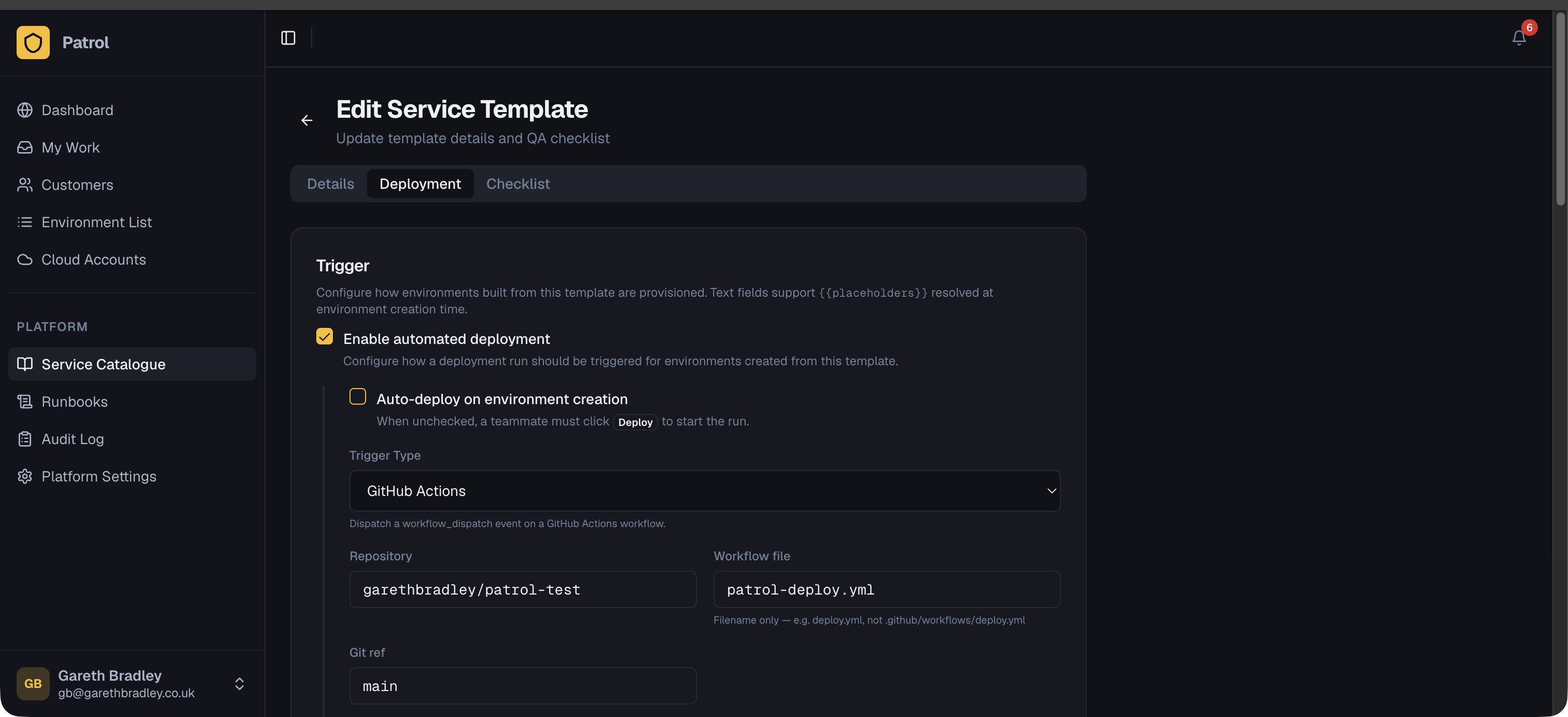 Service template edit page showing the deployment config section with GitHub Actions selected as the trigger type