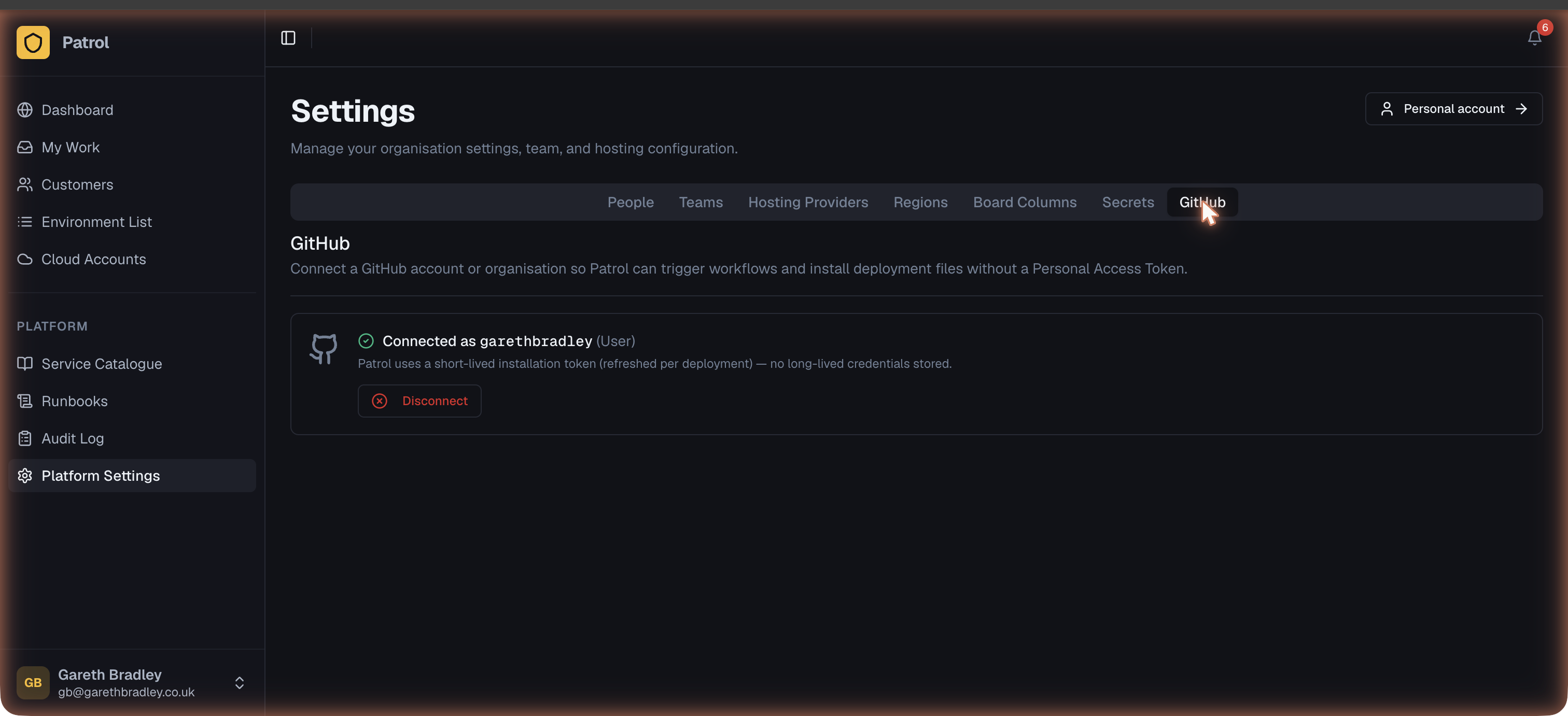 Settings GitHub page showing the connected GitHub account