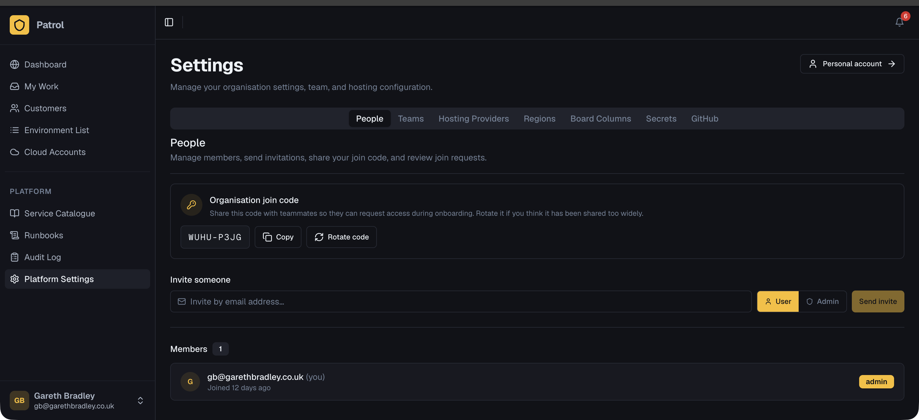 Settings page showing the People, Hosting Providers, Regions, Secrets, and GitHub tabs