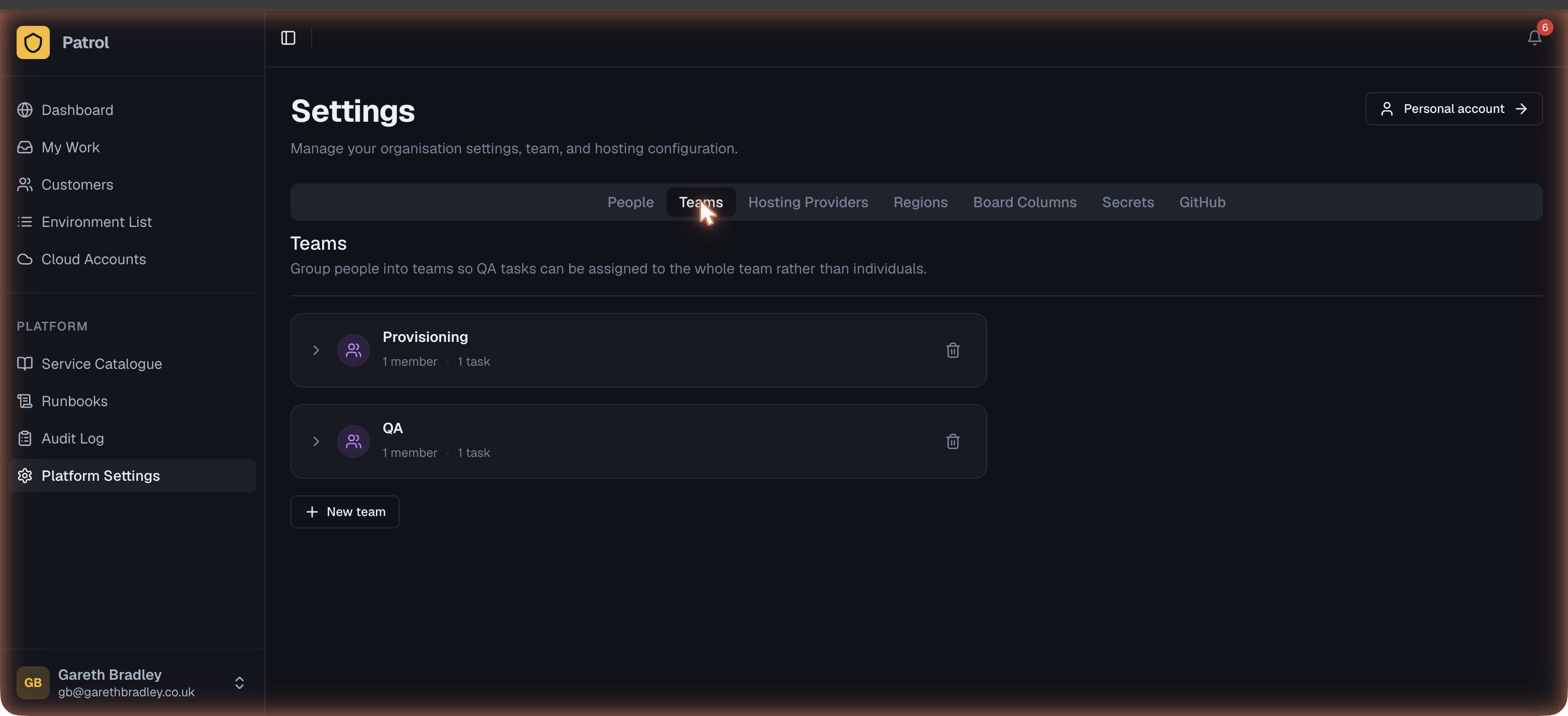 Teams page showing team list with member counts